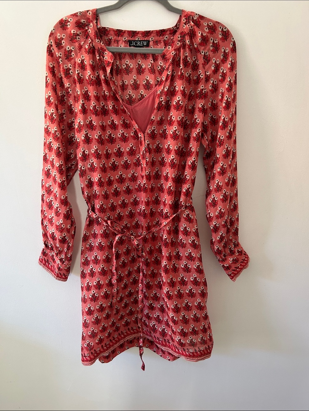 J. Crew Cabana Mini Dress Women's Red/Pink Floral Block Print Medium Long Sleeve